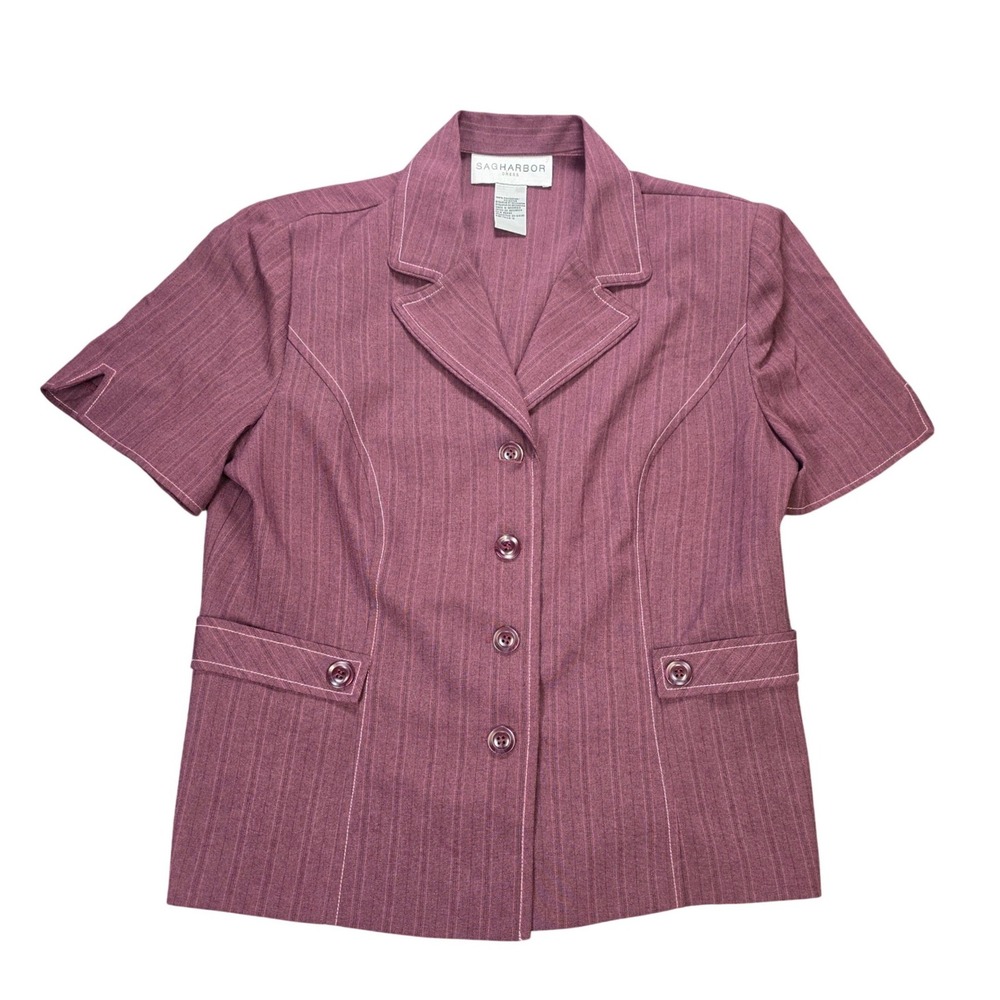 Vintage Sag Harbor Short Sleeve Blazer Women's Size 16 Plum Pinstripe Button